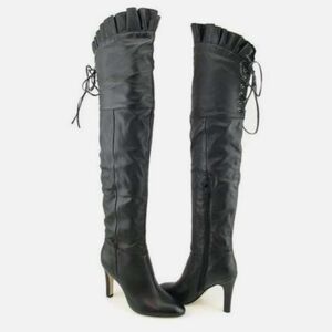 Kelsi Dagger Black Over-the-Knee Lace-Up Ruffled Cuff Stiletto Boots Size 10